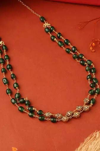 Two-Layer Necklace with Gold and Green Balls