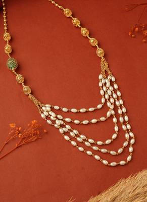 Pearl Layer Necklace with Green and Gold Balls 2