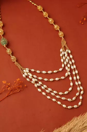 Pearl Layer Necklace with Green and Gold Balls