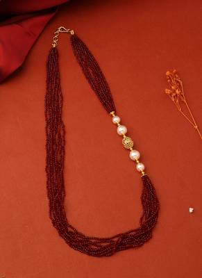 Maroon Bead Necklace with Side Pearls 1
