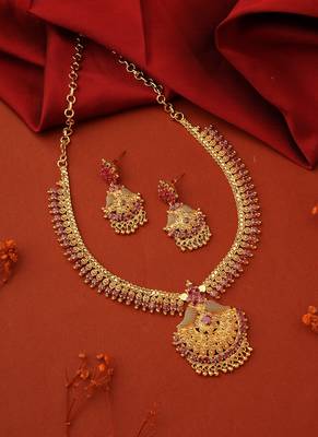 Gold-Plated Necklace with Ruby Stone Studded Necklace and Earrings - South Indian Style 1