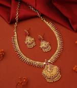 Gold-Plated Necklace with Ruby Stone Studded Necklace and Earrings - South Indian Style