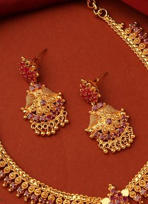 Gold-Plated Necklace with Ruby Stone Studded Necklace and Earrings - South Indian Style 2