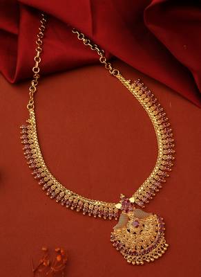 Gold-Plated Necklace with Ruby Stone Studded Necklace and Earrings - South Indian Style 3