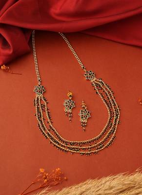 Long Layered Chain Necklace with Black and Gold Beads 2