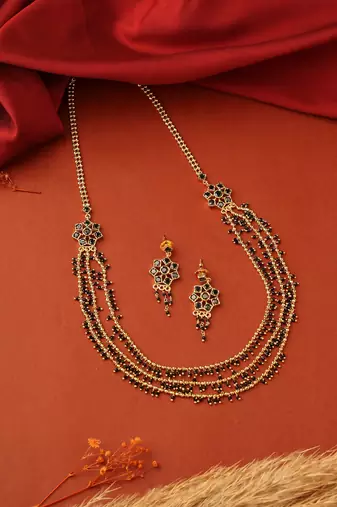 Long Layered Chain Necklace with Black and Gold Beads