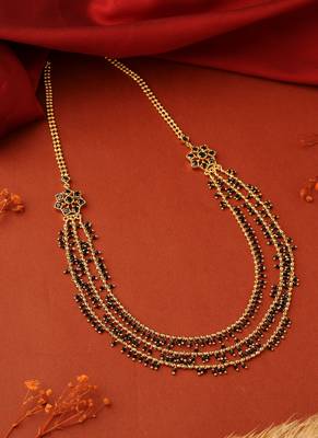 Long Layered Chain Necklace with Black and Gold Beads 1
