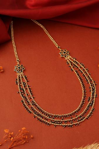 Long Layered Chain Necklace with Black and Gold Beads
