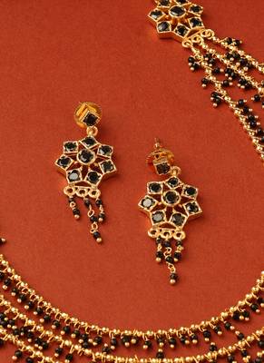 Long Layered Chain Necklace with Black and Gold Beads 3