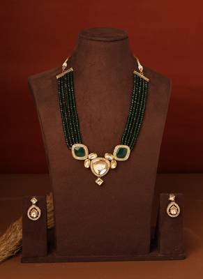Kundan Pendant with Green Beads Necklace Set 1