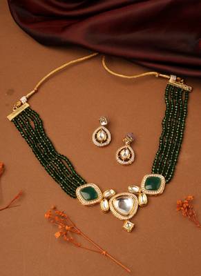 Kundan Pendant with Green Beads Necklace Set 2