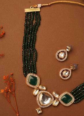 Kundan Pendant with Green Beads Necklace Set 4