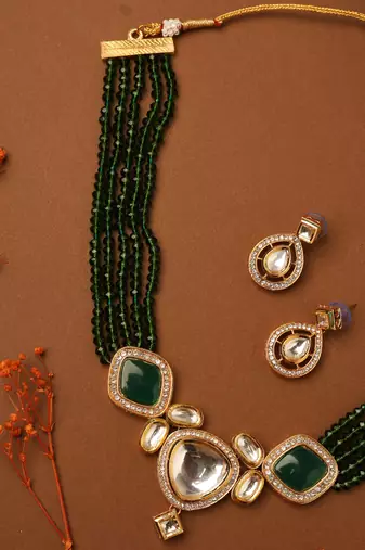 Kundan Pendant with Green Beads Necklace Set