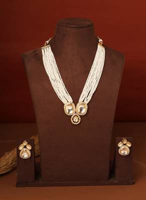 Long White Pearl Necklace with Kundan Pendant 1