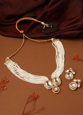 Long White Pearl Necklace with Kundan Pendant 2