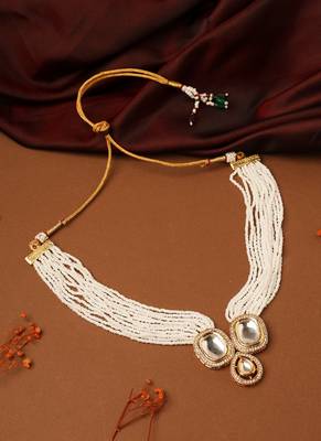 Long White Pearl Necklace with Kundan Pendant 4
