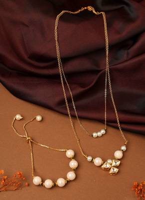Long Chain Necklace with Kundan Pendant & Pearl Bracelet 2