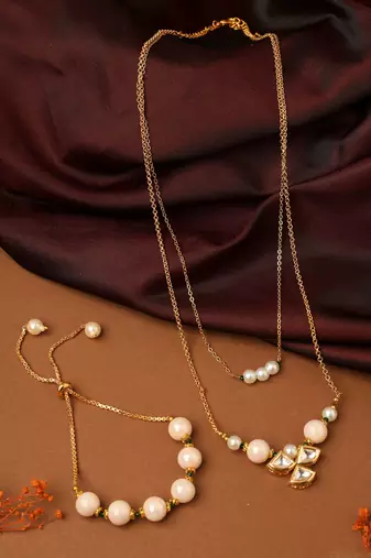 Long Chain Necklace with Kundan Pendant & Pearl Bracelet