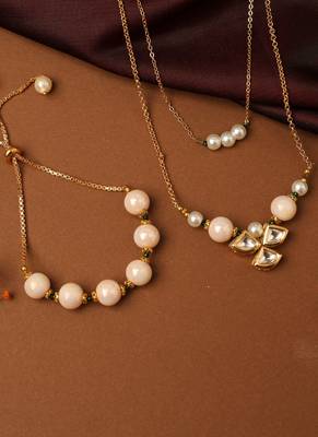 Long Chain Necklace with Kundan Pendant & Pearl Bracelet 3