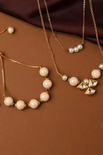 Long Chain Necklace with Kundan Pendant & Pearl Bracelet