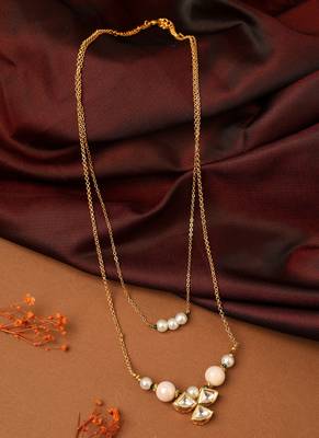 Long Chain Necklace with Kundan Pendant & Pearl Bracelet 4