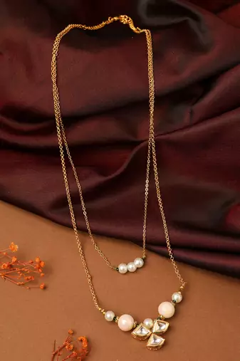 Long Chain Necklace with Kundan Pendant & Pearl Bracelet