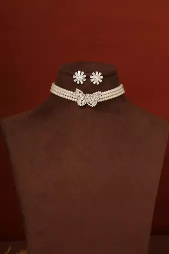 Pearl Choker with American Diamond Butterfly Pendant