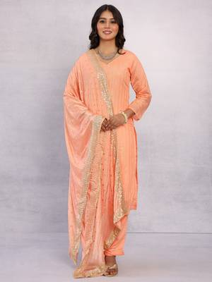 Peach Orange Ramzan Special Fancy Chanderi Suit with Stitched Pant & Embroidered Dupatta  (Set of 3) 1