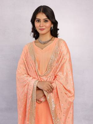 Peach Orange Ramzan Special Fancy Chanderi Suit with Stitched Pant & Embroidered Dupatta  (Set of 3) 2