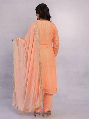 Peach Orange Ramzan Special Fancy Chanderi Suit with Stitched Pant & Embroidered Dupatta  (Set of 3) 3