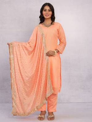 Peach Orange Ramzan Special Fancy Chanderi Suit with Stitched Pant & Embroidered Dupatta  (Set of 3) 4