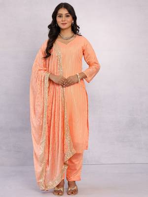 Peach Orange Ramzan Special Fancy Chanderi Suit with Stitched Pant & Embroidered Dupatta  (Set of 3) 5