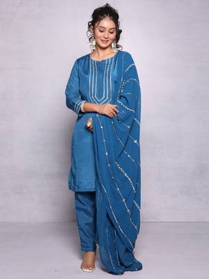 Elegant Blue Silk Kurta Set with Embroidered Dupatta - Perfect for Festive Occasions (Set of 3) 1