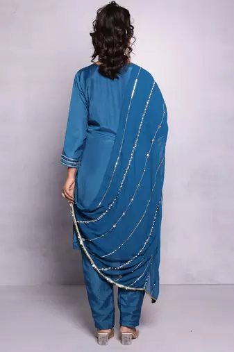 Elegant Blue Silk Kurta Set with Embroidered Dupatta - Perfect for Festive Occasions (Set of 3)