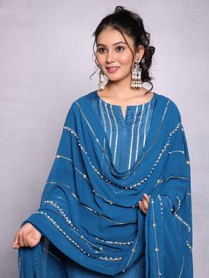 Elegant Blue Silk Kurta Set with Embroidered Dupatta - Perfect for Festive Occasions (Set of 3) 4