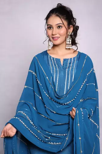 Elegant Blue Silk Kurta Set with Embroidered Dupatta - Perfect for Festive Occasions (Set of 3)