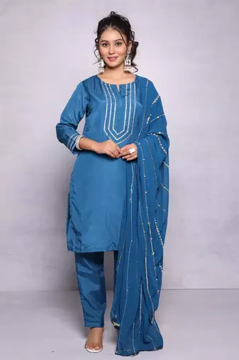Elegant Blue Silk Kurta Set with Embroidered Dupatta - Perfect for Festive Occasions (Set of 3)