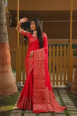 Women Scarlet Bandhej Kanjivaram Soft Silk Zari Weaving With Rich Pallu Saree With Blouse For Women 5