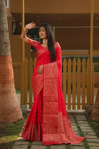 Women Scarlet Bandhej Kanjivaram Soft Silk Zari Weaving With Rich Pallu Saree With Blouse For Women