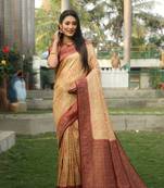 Women Cream Traditional Kanjivaram Soft Silk Zari Weaving With Rich Pallu Saree With Blouse For Women