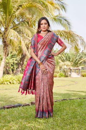 Women Pink Kanjivaram Soft Silk Zari Weaving With Rich Pallu Saree With Blouse For Women