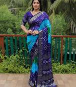 Blue Jetpuri Bandhani style silk bland  zari Border thread work saree with Blouse
