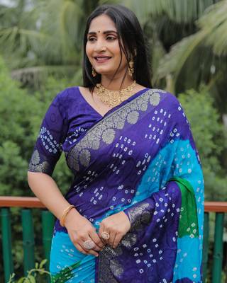 Blue Jetpuri Bandhani style silk bland  zari Border thread work saree with Blouse 2