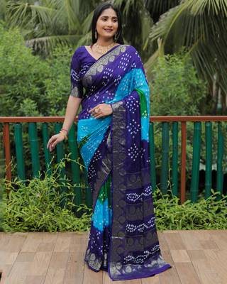 Blue Jetpuri Bandhani style silk bland  zari Border thread work saree with Blouse 3