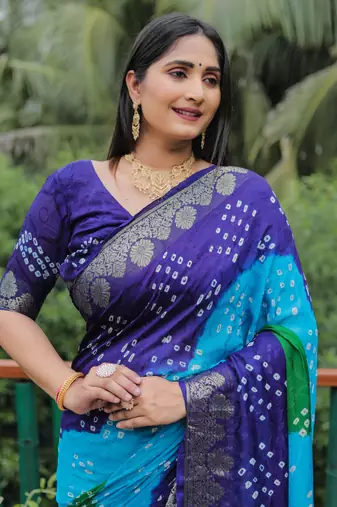 Blue Jetpuri Bandhani style silk bland  zari Border thread work saree with Blouse