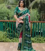 Green Jetpuri Bandhani style silk bland  zari Border thread work saree with Blouse