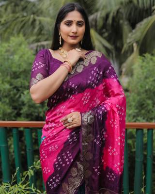 Wine Jetpuri Bandhani style silk bland  zari Border thread work saree with Blouse 2