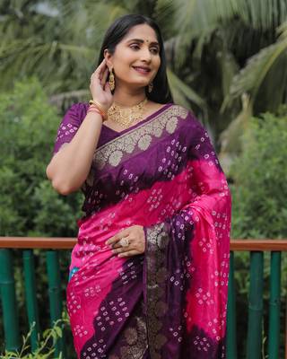 Wine Jetpuri Bandhani style silk bland  zari Border thread work saree with Blouse 4