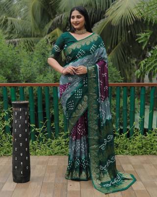 Dark Green Jetpuri Bandhani style silk bland  zari Border thread work saree with Blouse 1