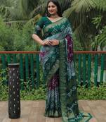 Dark Green Jetpuri Bandhani style silk bland  zari Border thread work saree with Blouse